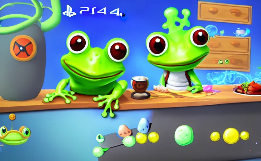 Prompt: ps 4 game about a cute frog chef, unity screenshot,