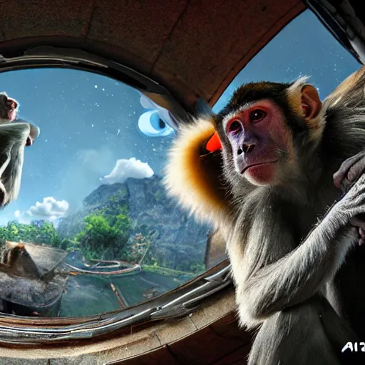 Image similar to on jupiter with monkeys using airhorns, hdr, photorealistic, epic scale, cinematic, hyper detailed 8 k.