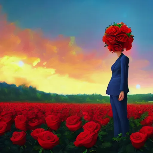 Image similar to closeup, big rose flower head, frontal, girl in a suit, surreal photography, sunrise, blue sky, dramatic light, impressionist painting, digital painting, artstation, simon stalenhag