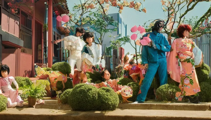 Image similar to movie still by alejandro jodorowsky of a beautiful day in a japanese family living room in a suburban neighborhood, visible magic energy, dream high fashion costumes, fruit trees, glowing ornaments, magical parade float, cinestill 8 0 0 t eastmancolor technicolor, high quality, very detailed, heavy grain, fine facial features, 8 k, octane render