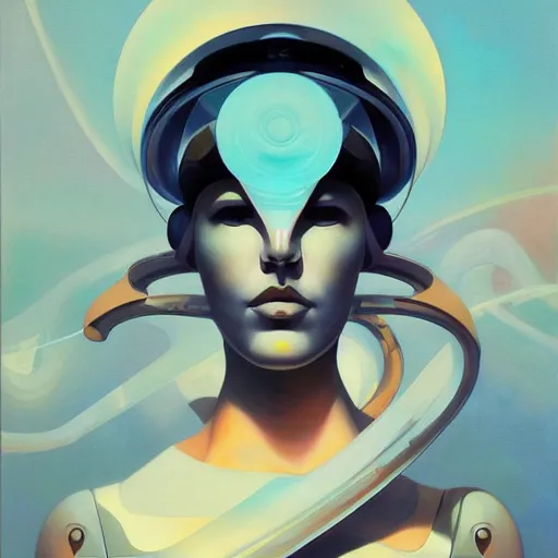 Image similar to scifi futurism automaton minimalism chrome by peter mohrbacher art Hajime Sorayama airbrush hyperrealism model abstract shatter fragments cubism futurism pastel blue soft flat minimal minimalism portrait face jackson pollock ukiyo-e lithograph mark ruthko swirl escape noise shimmer glow paint