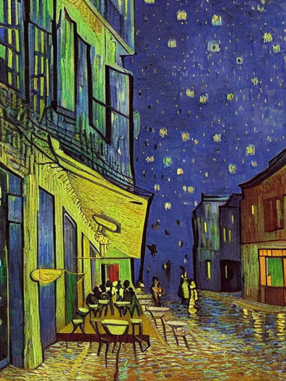 Image similar to van gogh painting of low residential building in russian suburbs, lights are on in the windows, deep night, post - soviet courtyard, cozy atmosphere, light fog, street lamps with orange light, several birches nearby, several elderly people stand at the entrance to the building