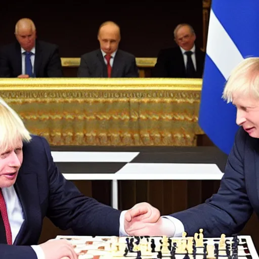 Prompt: Boris Johnson and putin playing a game of chess