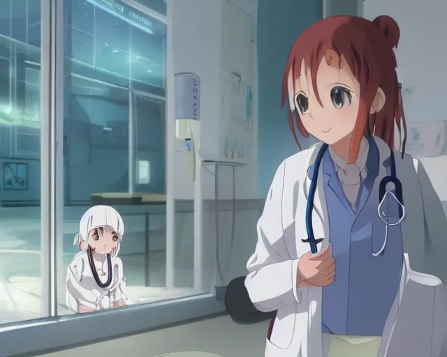 Image similar to a cute young female doctor wearing white coat are talking to a little girl in a hospital, slice of life anime, vivid, anime scenery by Makoto shinkai