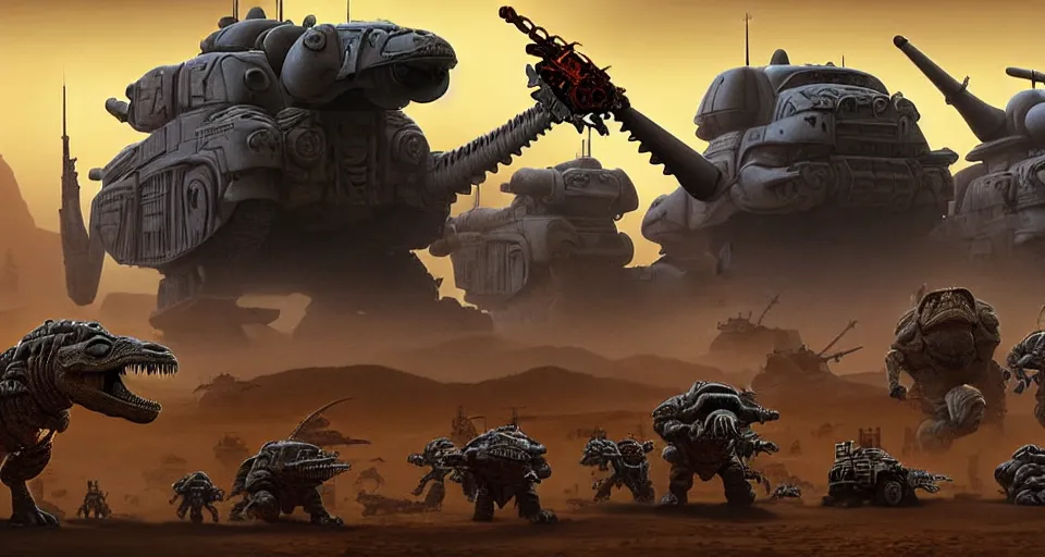 Prompt: pixar running dinosaurs space marines with bazookas, lions, m 1 tank fury road, warm colored highly detailed cinematic scifi render of 3 d sculpt of spiked gears of war skulls bucketwheel jabbas palace iron smelting pits, military chris foss, john harris, hoover dam'aircraft carrier tower'beeple, warhammer 4 0 k, halo, halo, mass effect