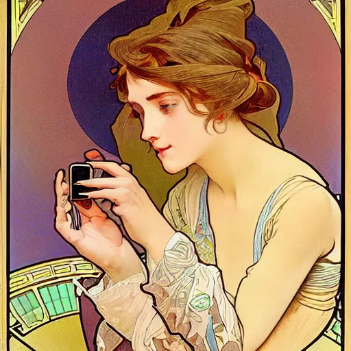 Image similar to a beautiful portrait of a woman hypnotially entranced by her iphone. highly detailed face. art by alphonse mucha and alphonse mucha and alfons mucha