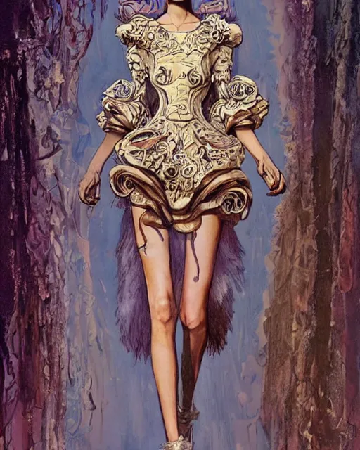 Image similar to fashion model walking down a catwalk, elaborate dress by alexander mcqueen, beautiful feminine face, art by michael whelan and chris moore and howard david johnson and tim white and dan giancola