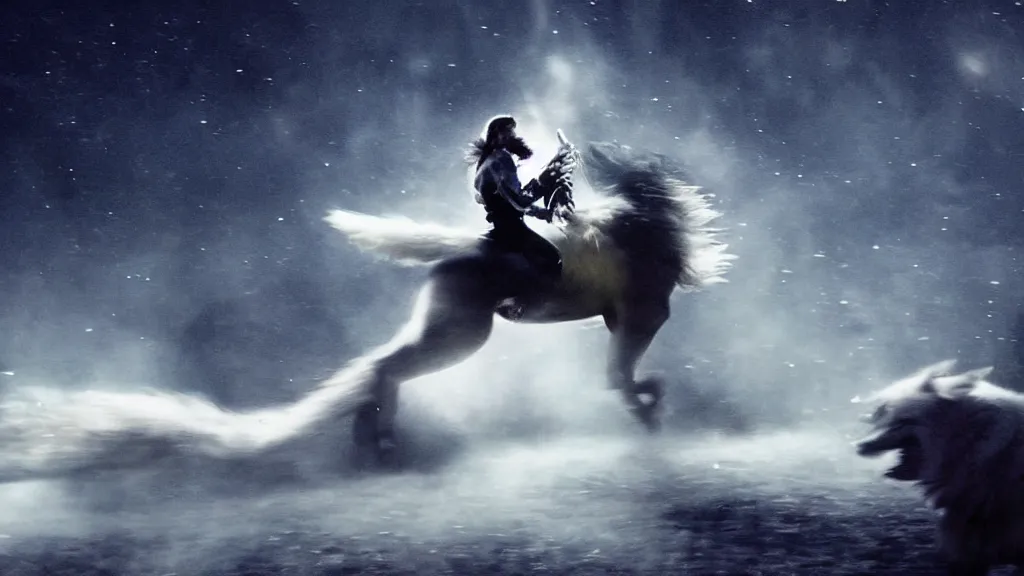 Image similar to Beautiful epic cinematography of David Bowie riding a giant wolf at night