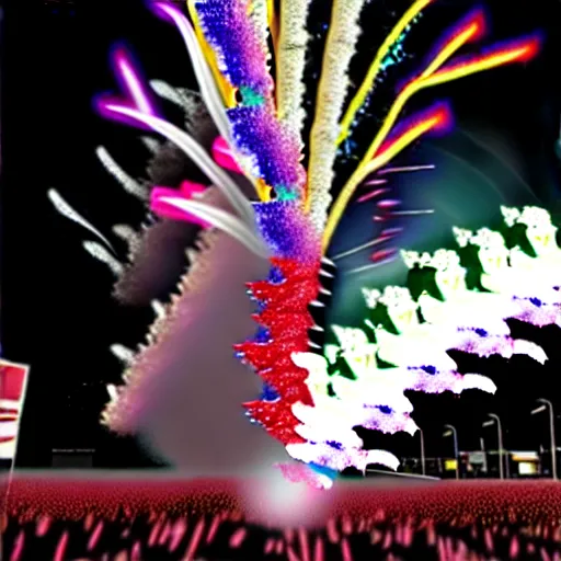 Image similar to F12 tornado made of candy-coated fireworks and psychedelic confetti