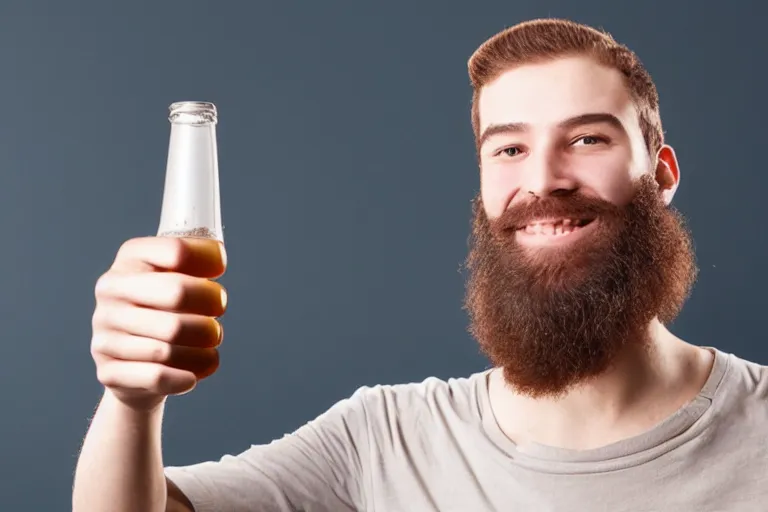 Prompt: a young man holding a beer giving a thumbs up with a long beard, airbrushed, detailed