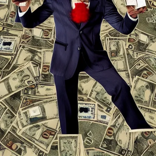 Image similar to Pennywise the clown wearing a suit and holding a stash of banknotes in his hands, full body shot