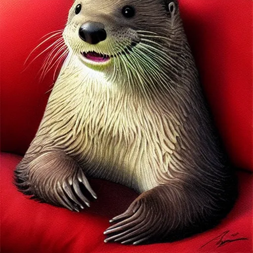 Prompt: a smiling otter wearing a night cap, in bed, hed resting on a pillow, eyes closed, realistic, very detailed, high quality, masterpiece, digital painting by artgerm, by Ralph Horsley