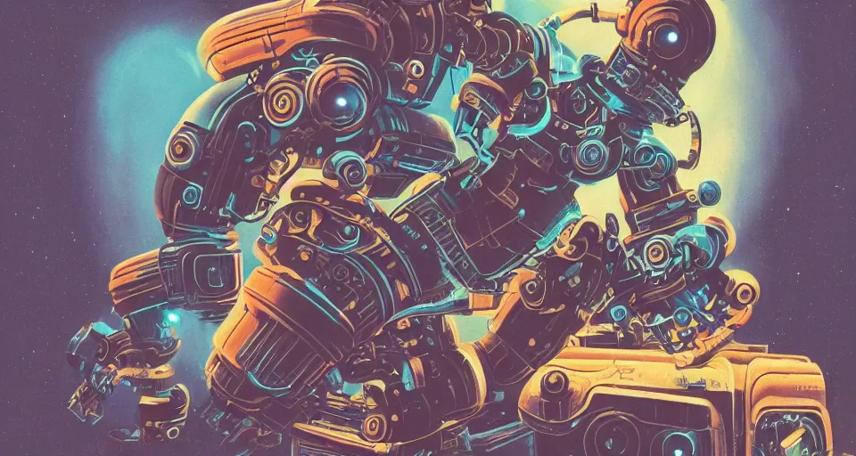 Image similar to retro vintage sci-fi : : dark 2D matte gouache illustration : : dark lively blissful holistic cyborg being of robotic awareness and consciousness : : ornate : : detailed : : majestic : :