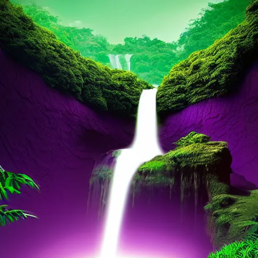 Image similar to Digital art of Purple elephant falls from a green waterfall in a black hole, photorealism, by Beeple