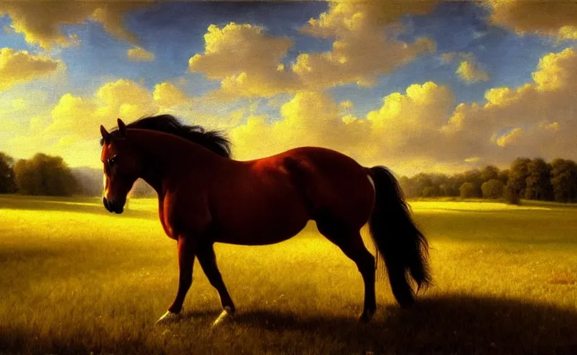 Prompt: a masterpiece oil painting of a horse backlit in a pasture. ultra wide angle, fantasy art, alex ross, heroic lighting, very very very beautiful raytraced rendering