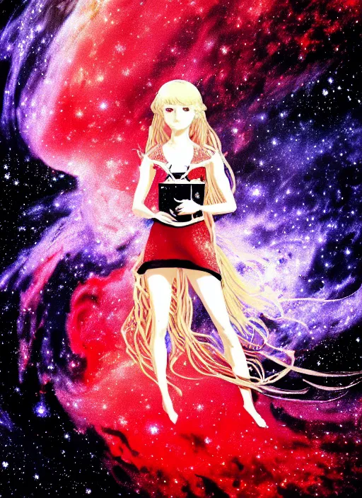 Prompt: highly detailed portrait of a hopeful pretty astronaut lady with a wavy blonde hair, by Henri-edmond cross , 4k resolution, nier:automata inspired, bravely default inspired, vibrant but dreary but upflifting red, black and white color scheme!!! ((Space nebula background))