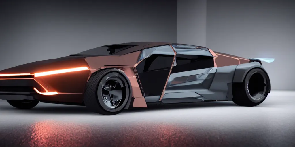 Image similar to a design of a futuristic DMC Delorian, designed by Polestar, blade runner background, back view, rose copper car paint with neon color accent detailing, black windows, sportscar, black show room, dramatic lighting, octane rendering, unreal engine rendering, hyper realistic render, depth of field, octane rendering