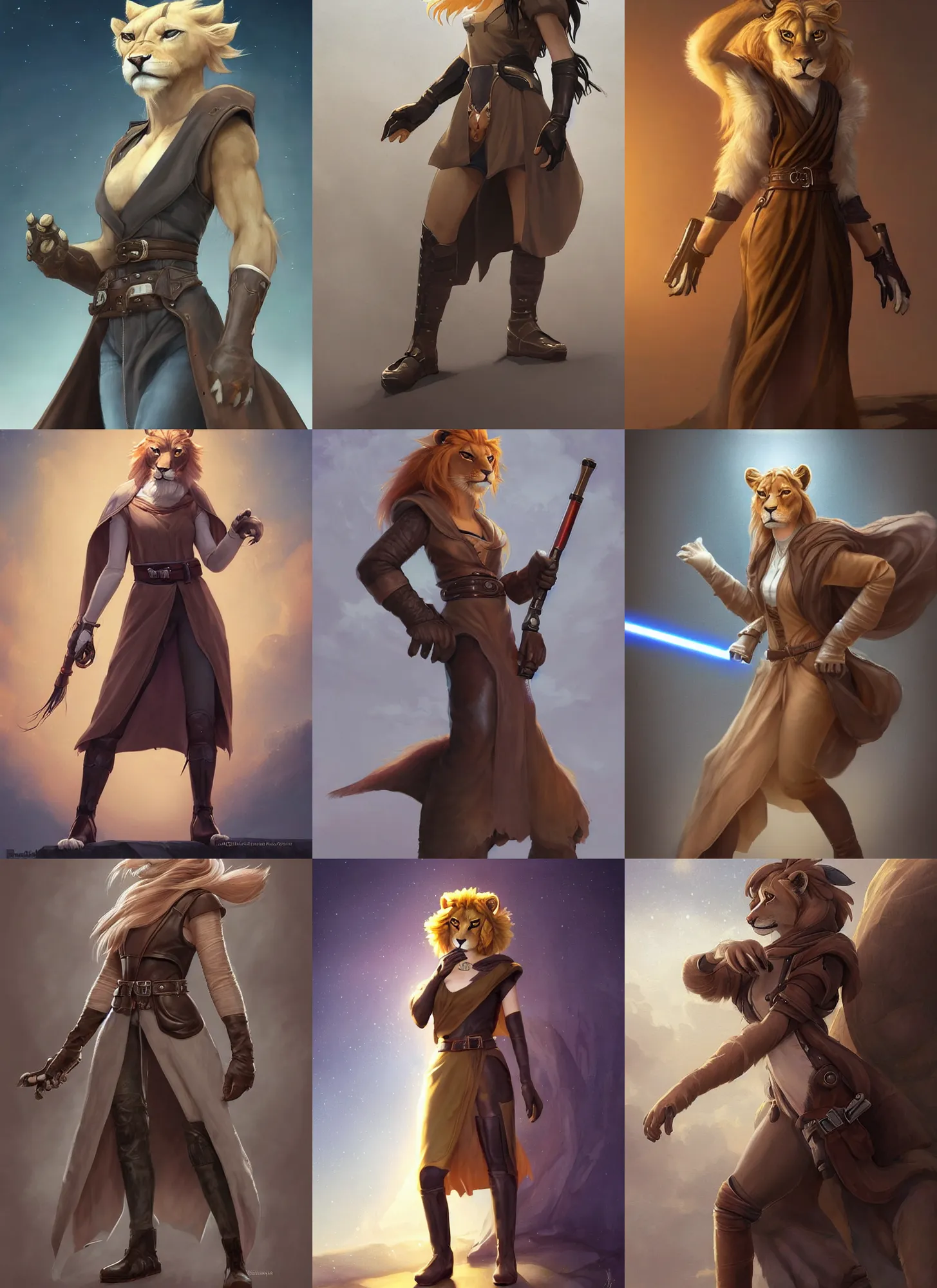 Prompt: beautiful portrait of a female anthropomorphic lioness fursona wearing a sleeveless jedi robe. hand on hip. leather gloves. leather boots. leather belt. character design by charlie bowater, ross tran, artgerm, and makoto shinkai, detailed, soft lighting, rendered in octane