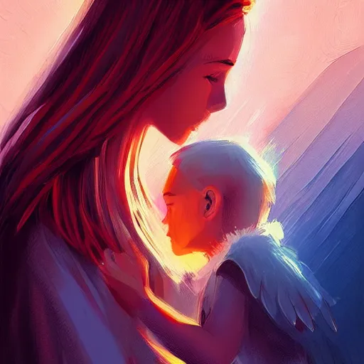 Image similar to Angel protecting child by Alena Aenami, very detailed, deviantart, artstation