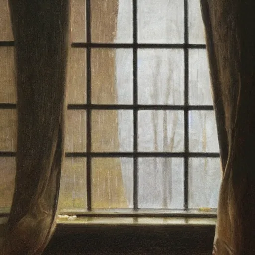 Prompt: silhouette of a woman gazing out her window at the rain, extremely detailed masterpiece, oil on canvas, somber, in the world of Andrew Wyeth, artstation, by J. C. Leyendecker and Peter Paul Rubens,