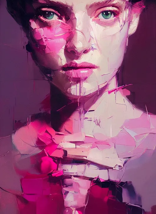 Prompt: outdoor portrait of a beautiful girl, shades of pink, beautiful face, rule of thirds, intricate outfit, spotlight, by greg rutkowski, by jeremy mann, by francoise nielly, digital painting