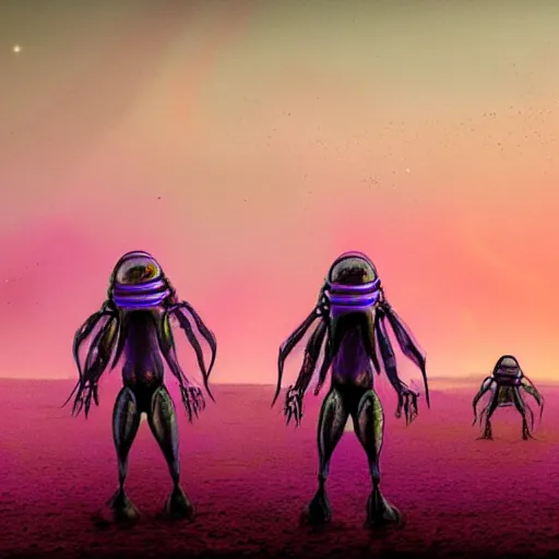 Image similar to Humanoid Ant Aliens on a desert planet with purple sky [realistic detailed digital painting for a Science Fiction Novel, trending on Artstation]