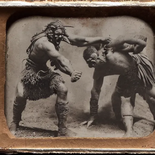 Prompt: spartan man and viking fistfighting, brutal, daguerreotype photograph