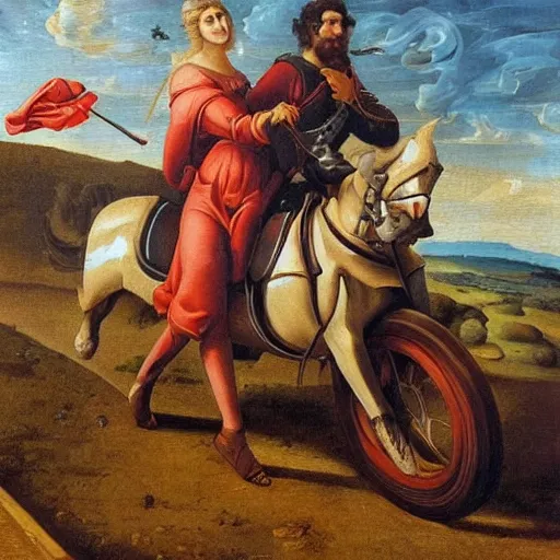 Prompt: A beautiful classic painting of a man and woman driving on motorcycles during the Renaissance, epic lighting, high quality, artistic