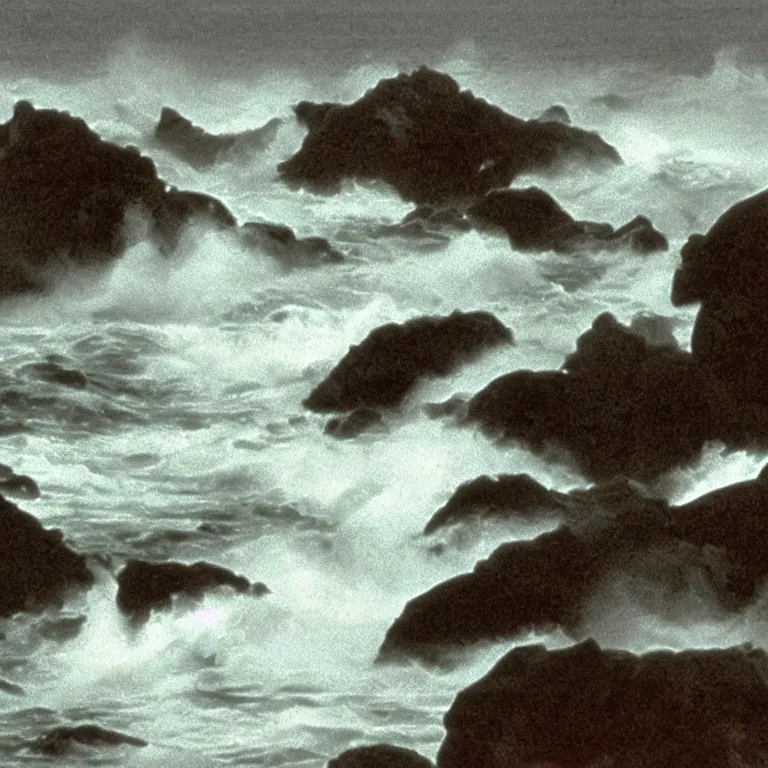 Image similar to dark and moody 1 9 7 0's artistic technicolor spaghetti western film, a large huge group of women in a giant billowing wide long flowing waving shining bright white dresses, standing inside a green mossy irish rocky scenic landscape, crashing waves and sea foam, volumetric lighting, backlit, moody, atmospheric, fog, extremely windy, soft focus