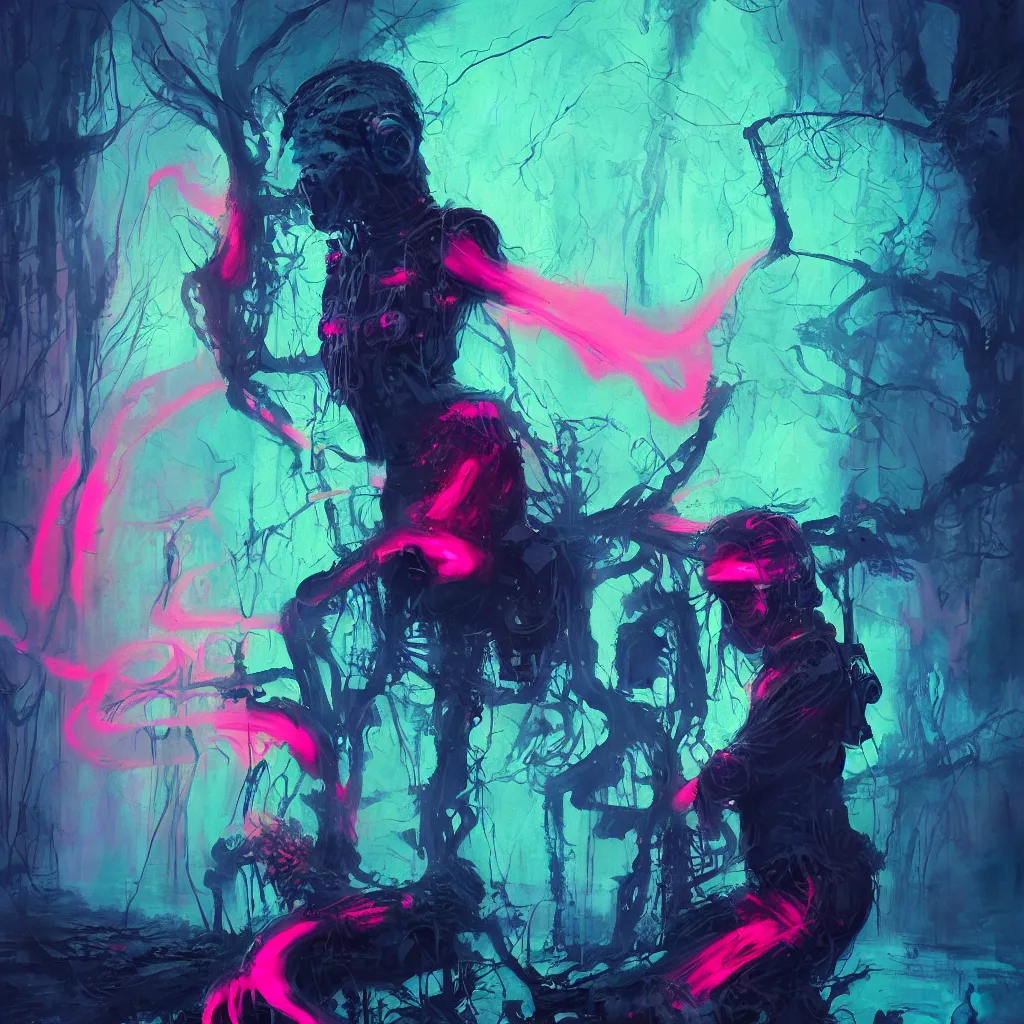 Prompt: beautiful portrait of a fighter disintegrating into a LIDAR point cloud in a radioactive glowing swamp, grunge cyberpunk, by Remedios Varo and Anato Finnstark and Greg Rutkowski, dayglo pink, dayglo blue, by Craig Mullins 8k, trending on ArtStation