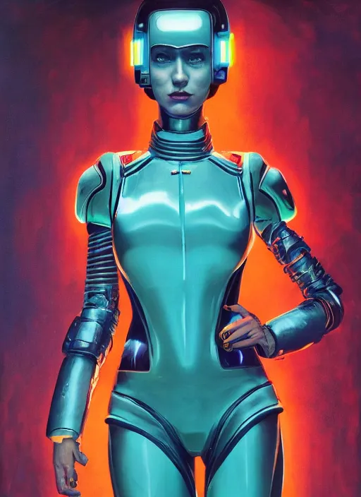 Image similar to symmetry!! dynamic pose, closeup portrait of a cyborg racer girl, high fashion cyborg jumpsuit, shoulder pads, cinematic light, backlight, teal orange, by gerald brom, by mikhail vrubel, by peter elson, muted colors, extreme detail, trending on artstation, 8 k