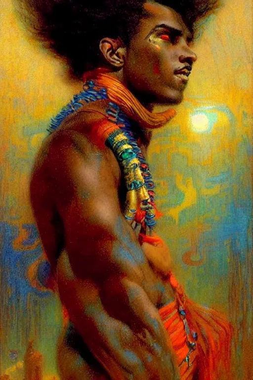 Image similar to attractive male, character design, colorful, afrofuturism, painting by gaston bussiere