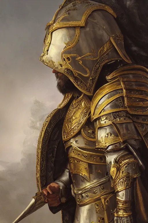 Prompt: man in decorated with gold in baroque style crusader armor, helmet hiding his face and white cape standing at the gates of jerusalem drawn by greg rutkowski realistic high detail