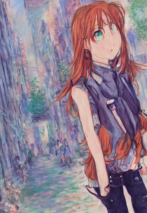 Image similar to wide angle portrait of a teenage girl, a thrifty outfit, very anime in impressionist style, city street view background, anime trending artwork, anime painter studio, by claude monet