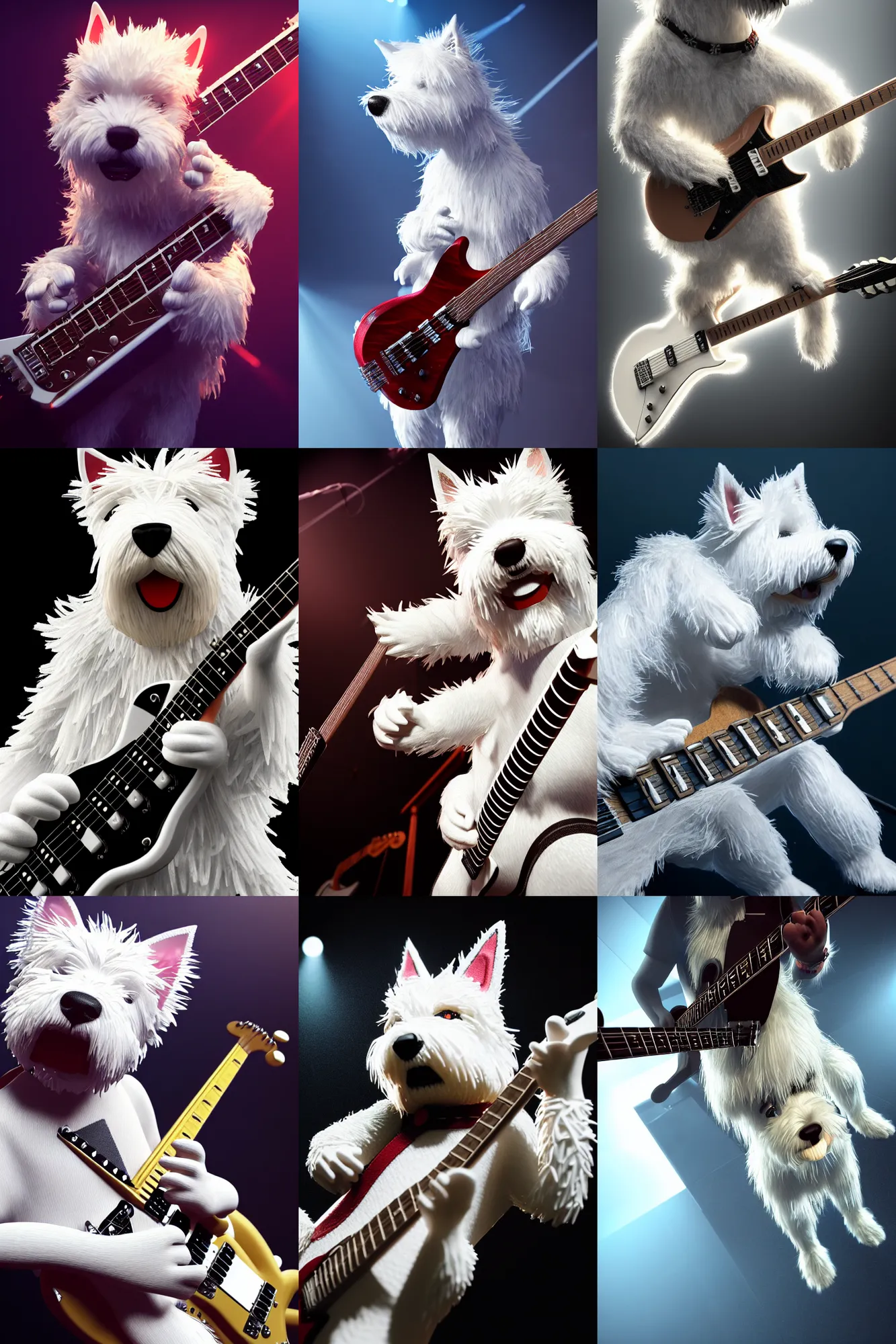 Prompt: a high detail shot of an Anthropomorphic west highland white terrier Guitarist, playing electric guitar, on rock concert stage, photorealism, sharp focus, volumetric lighting, epic lighting, artstation, cgsociety, uhd