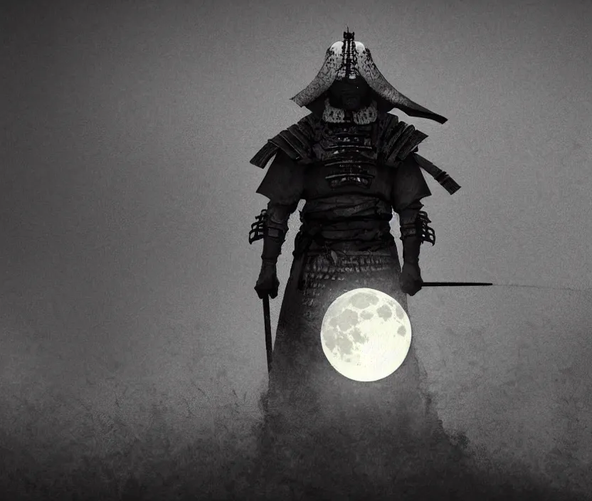 Image similar to '2d design graphic a samurai in the night ,big white moon background , gloomy and foggy atmosphere, octane render, artstation trending, horror scene, highly detailded style of Moebius, black and white ink '