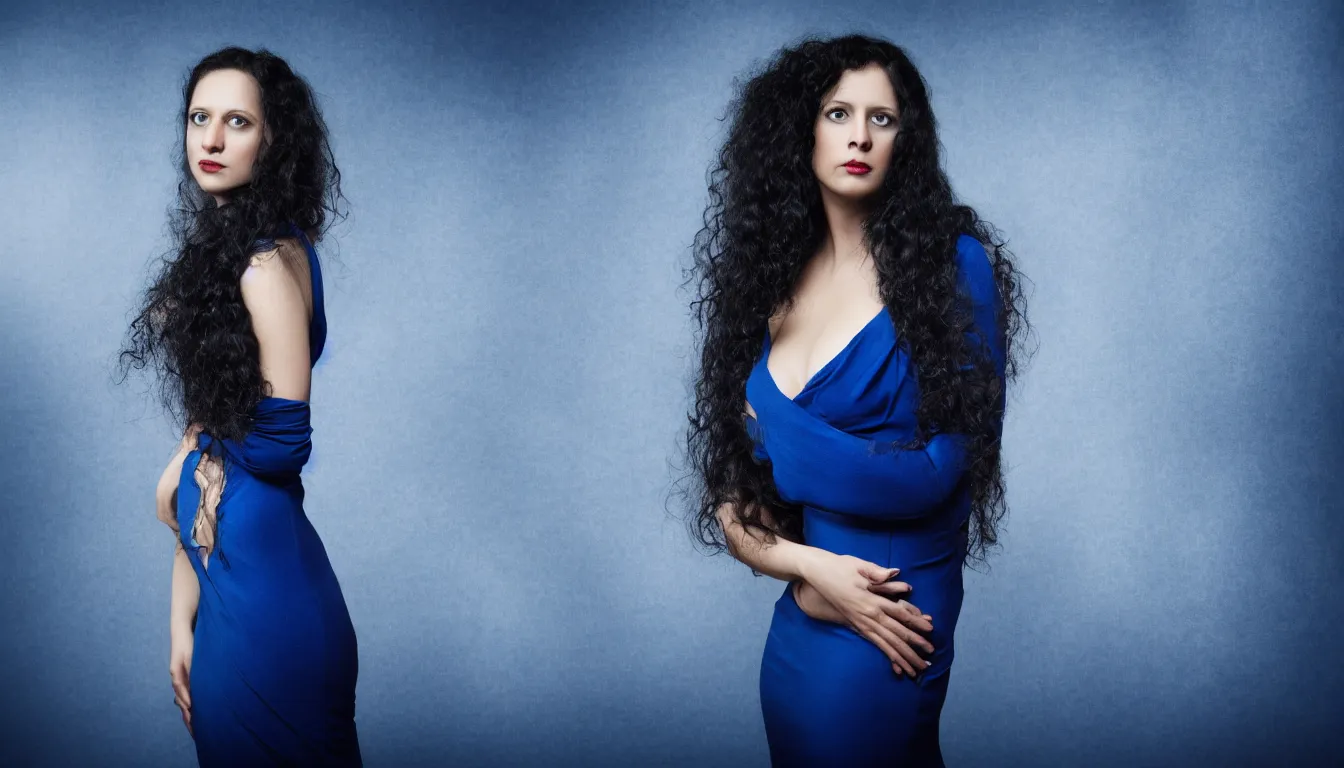 Image similar to a portrait photography of a beautiful woman with black long curly hair and full body dress in blue by Annie Leibovitz, soft professional studio lighting, dramatic colors scheme, fine art photography, dramatic colors background, 50 mm sigma art