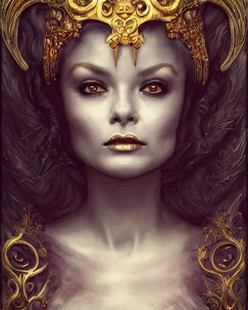 Image similar to concept art, Briana Banks, beautiful, frank frazetta, ornate, art nouveau, symmetrical, gold jewelry, high contrast, unbiased render, Emil melmoth, eerie, haunting, victorian, 8k, octane render, style of Gustav Klimt, head and shoulders