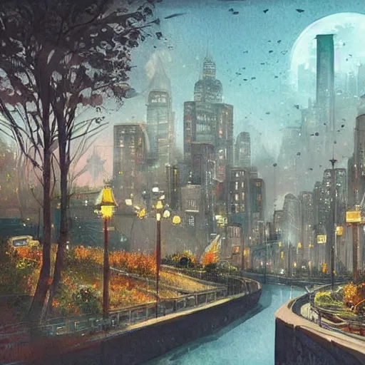 Image similar to Beautiful happy picturesque charming sci-fi city in harmony with nature. Beautiful light. Nice colour scheme, soft warm colour. Beautiful detailed watercolor by Lurid. (2022)