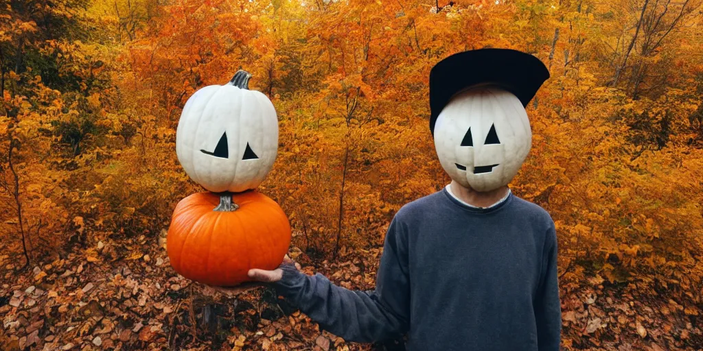 Prompt: person with a pumpkin head standing in a vermont fall foliage mountain valley, fall leaves falling from trees, inspired by over the garden wall, anamorphic lens, kodakchrome, practical effects, masterpiece, 8 k