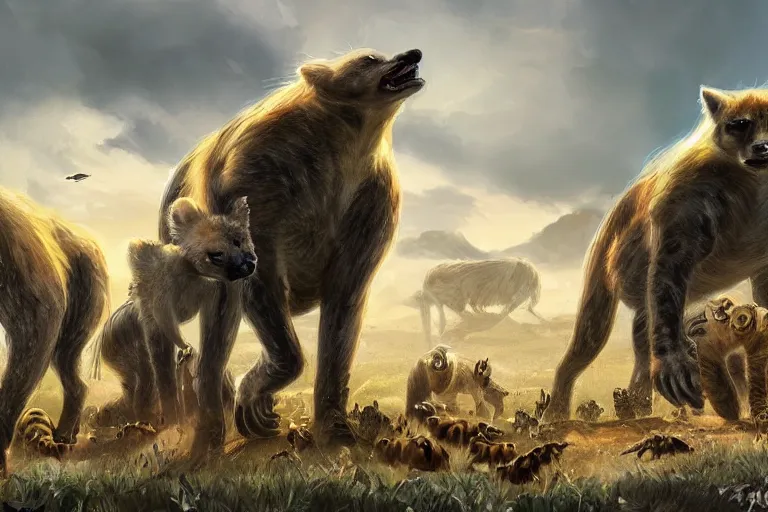 Image similar to colony of beautiful elegant otherworldy animals+hyenas, landscape, fantasy, sci-fi, concept art, speculative evolution, 4k ultra hd, digital art