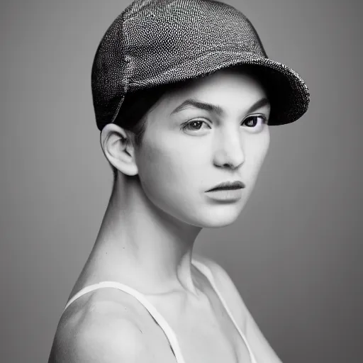 Prompt: a fashion model wearing a cap, portrait shot