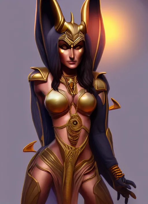 Prompt: pretty woman wearing an anubis outfit, highly detailed, artgerm style, artstation, soft light, sharp focus, illustration, character design, concept art