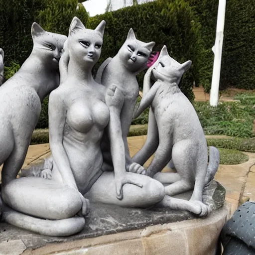 Image similar to a group of cats worshipping a statue of catwoman