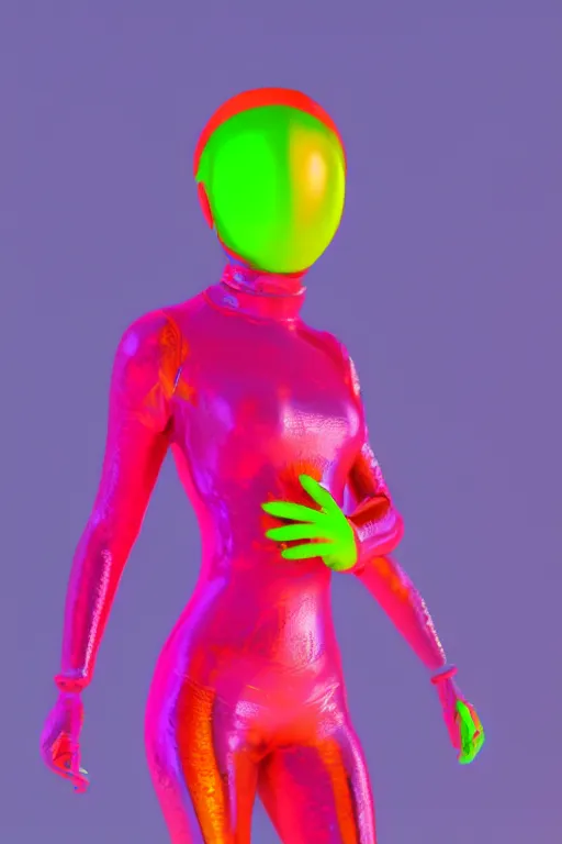 Prompt: a scene with a character wearing a super colorful fluo suit, vivienne westwood, detailed photoreal render octane render