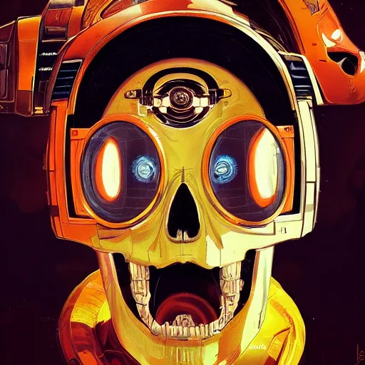 Image similar to a portrait of an cyborg vintage skull no teeth in an orange racing helmet by sandra chevrier, detailed render, epic composition, cybernetics, 4 k realistic, cryengine, realistic shaded lighting, sharp focus, masterpiece, by matteo scalera, gary montalbano, peter elson in the style of the tokyo ghost comic