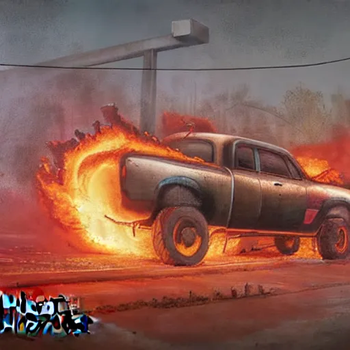 Prompt: photograph of a rusty dodge ram on fire in the street by simon stalenhag