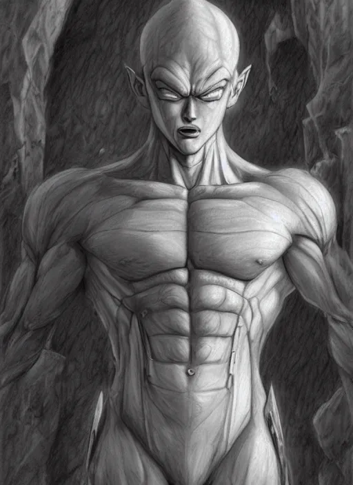 Image similar to realistic portrait pencil sketch of frieza, old mystic ruins, afternoon, intricate, elegant, highly detailed, digital painting, sharp, focus, by artgerm and greg rutkowski