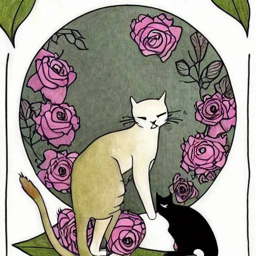 Image similar to cat smelling flowers, in the style of chiara bautista, mucha