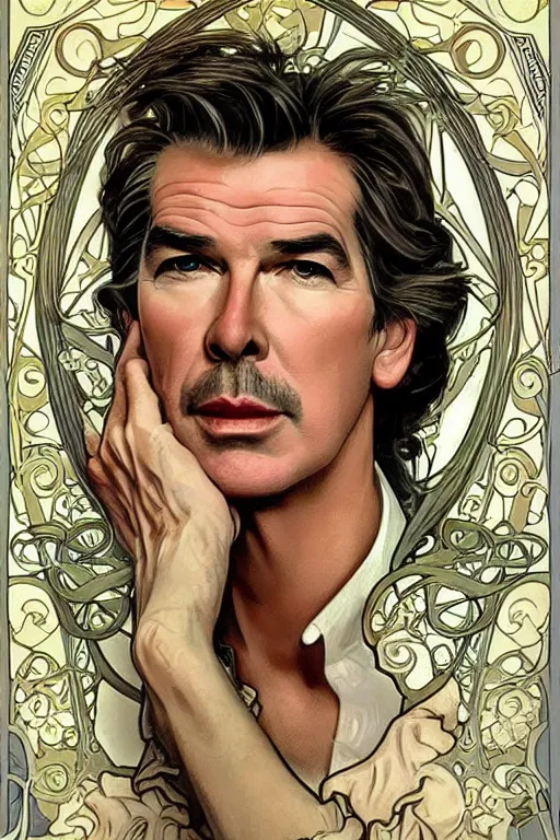 Prompt: realistic detailed face portrait of Pierce Brosnan in the style of Alphonse Mucha and Charlie Bowater, Art Nouveau ornaments, vivid colors